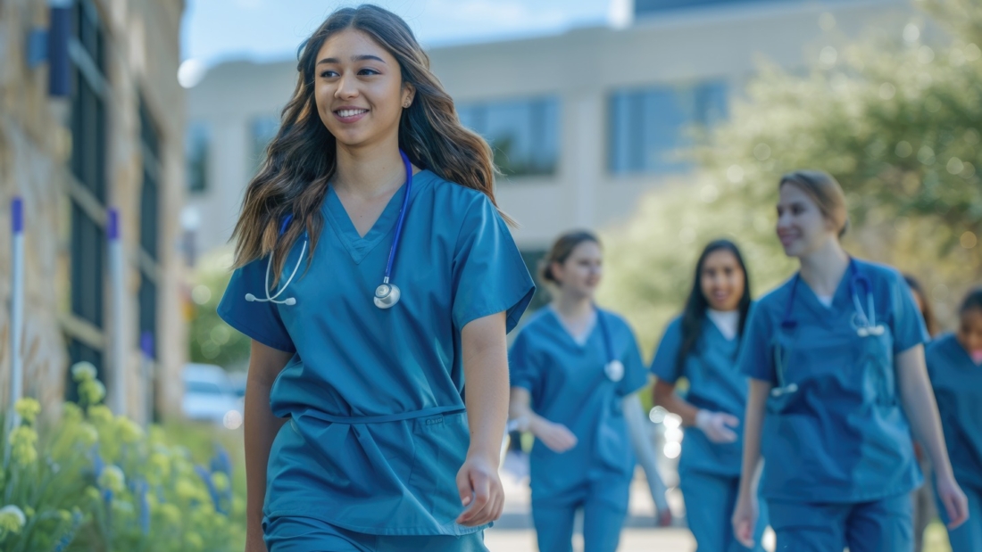 diverse-medical-students-scrubs-hospital-campus-journey