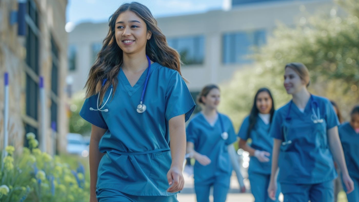 diverse-medical-students-scrubs-hospital-campus-journey