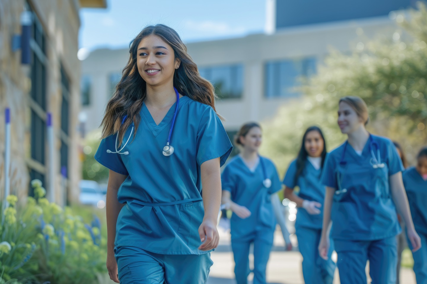 diverse-medical-students-scrubs-hospital-campus-journey