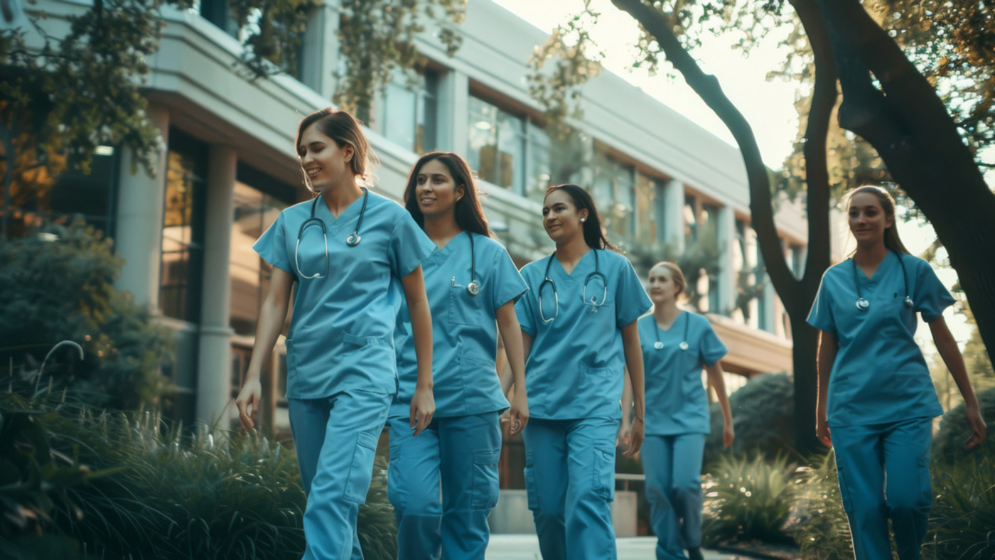 group-medical-professionals-blue-scrubs-walk-confidently-near-modern-building-symbolizing-teamwork-dedication-healthcare