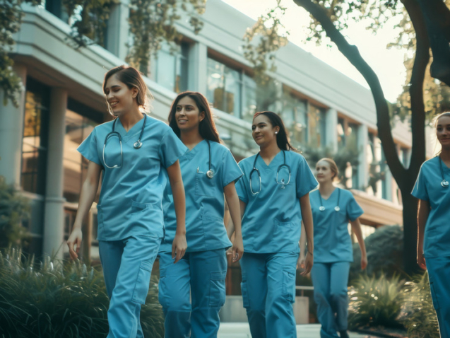 group-medical-professionals-blue-scrubs-walk-confidently-near-modern-building-symbolizing-teamwork-dedication-healthcare