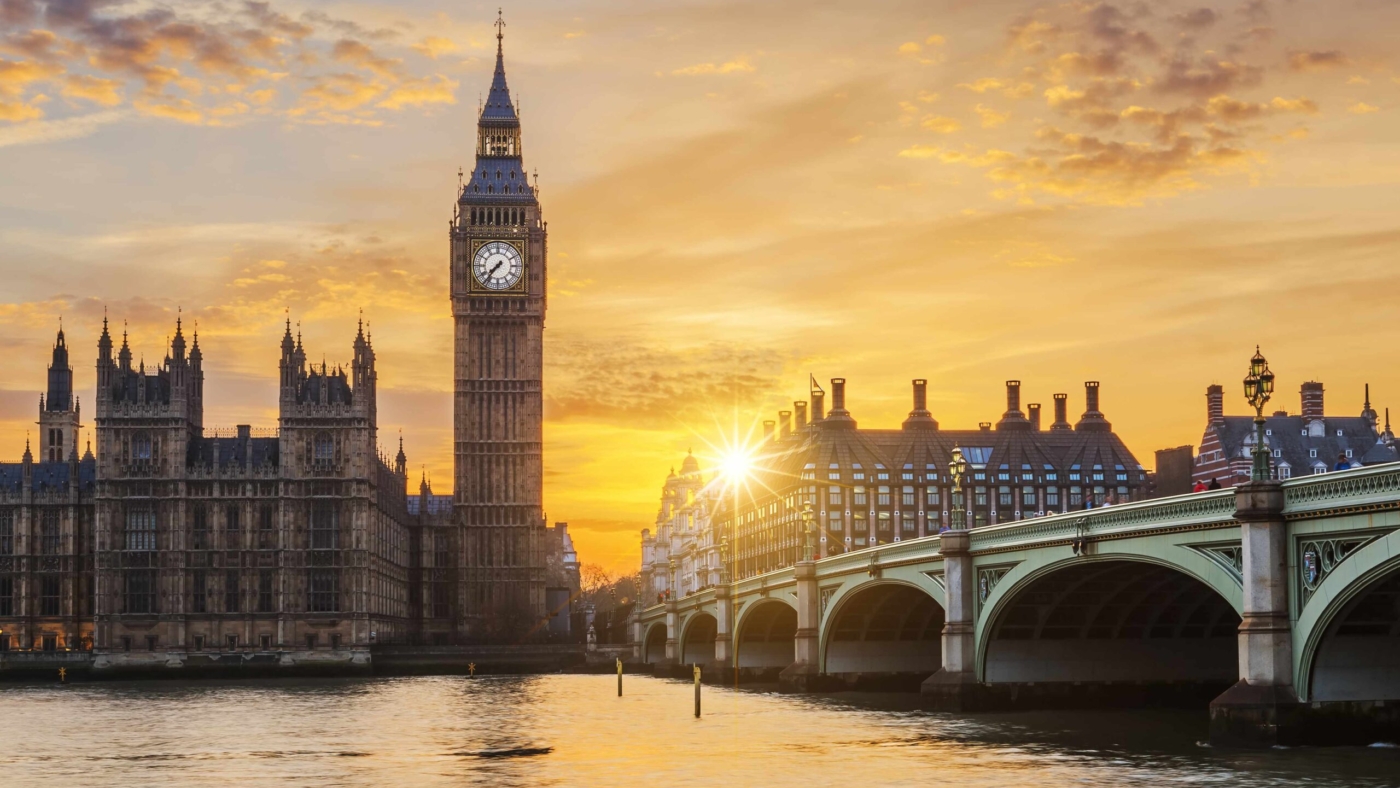 Big Ben and Westminster Bridge at sunset, London, UK