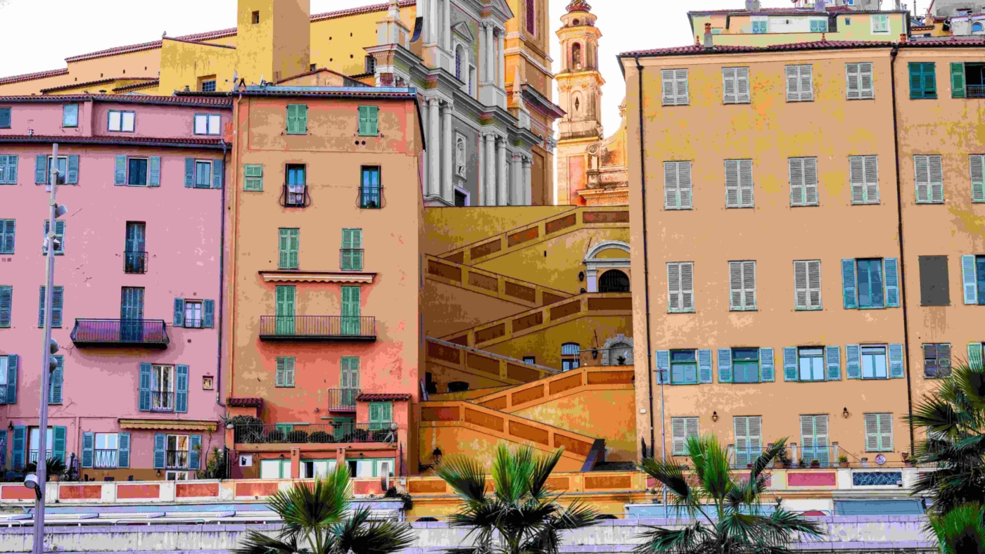 View of St Michel Basilique stairs in old town of Menton, France